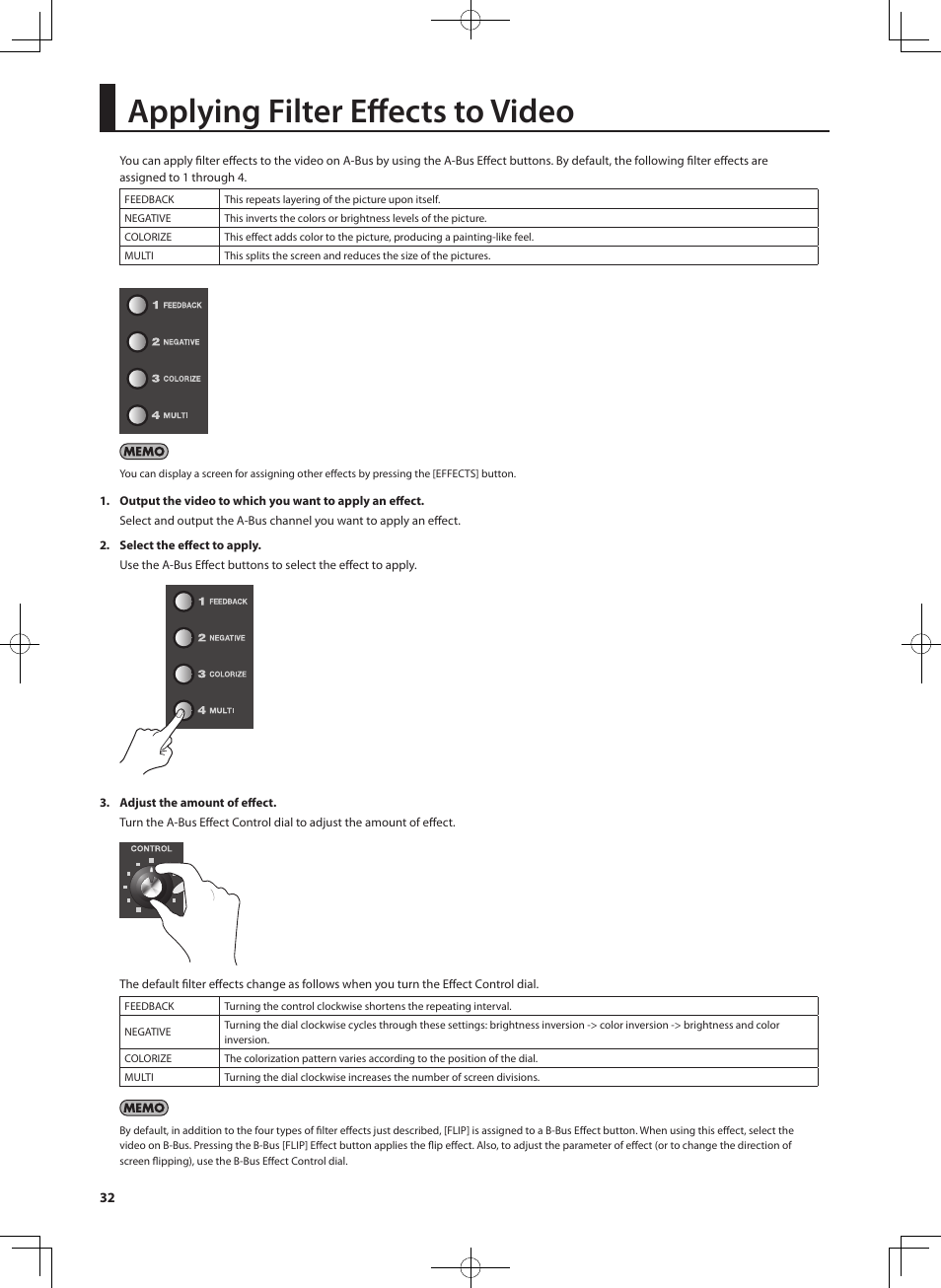 Applying filter effects to video, P. 32, p | Roland V-4EX Four Channel Digital Video Mixer with Effects User Manual | Page 32 / 64