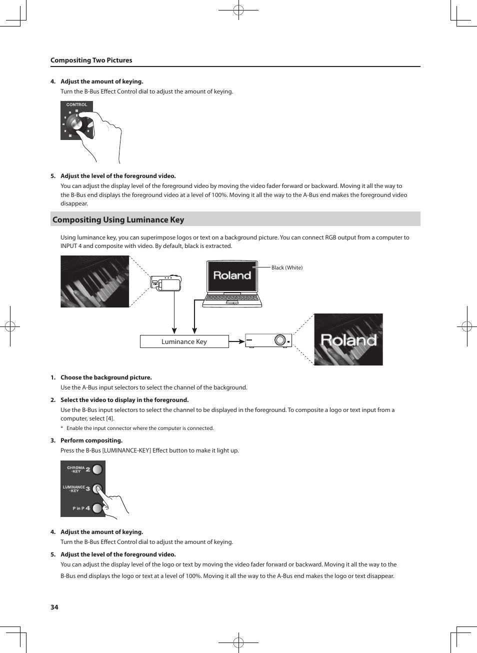 Compositing using luminance key | Roland V-4EX Four Channel Digital Video Mixer with Effects User Manual | Page 34 / 64