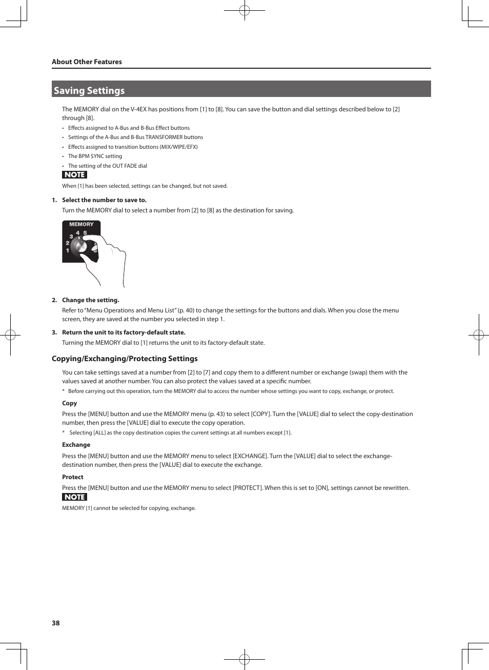 Saving settings, Copying/exchanging/protecting settings | Roland V-4EX Four Channel Digital Video Mixer with Effects User Manual | Page 38 / 64