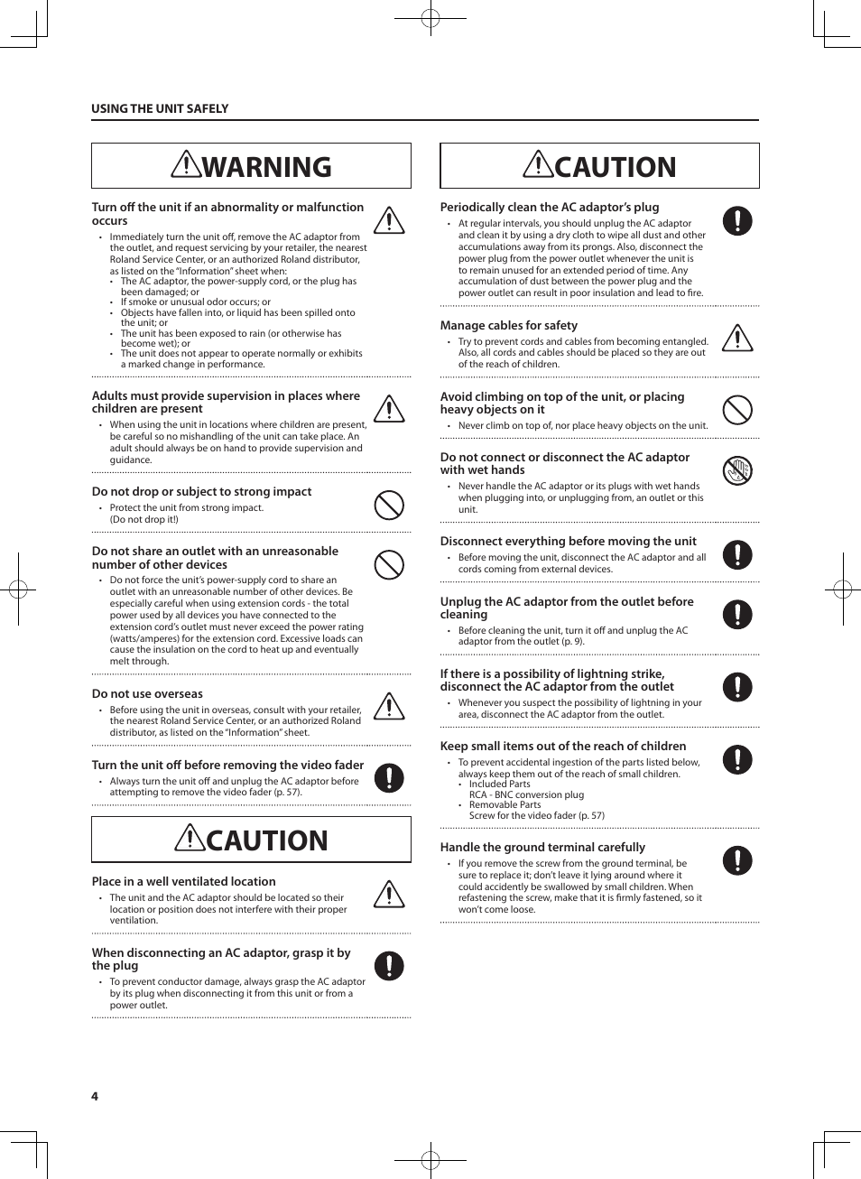 Warning, Caution | Roland V-4EX Four Channel Digital Video Mixer with Effects User Manual | Page 4 / 64