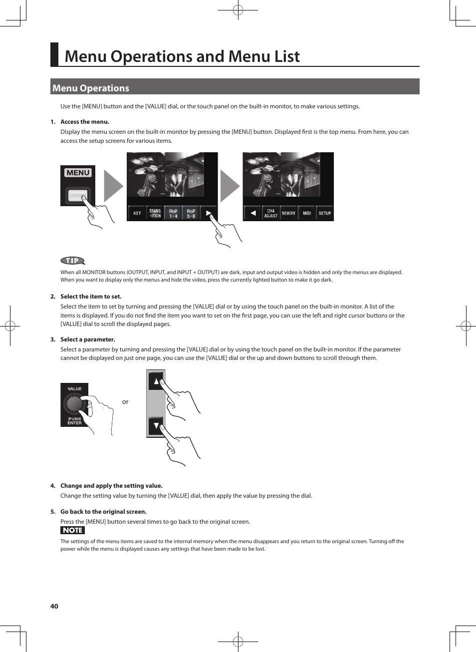 Menu operations and menu list, Menu operations, 4ex (p. 40) | Roland V-4EX Four Channel Digital Video Mixer with Effects User Manual | Page 40 / 64