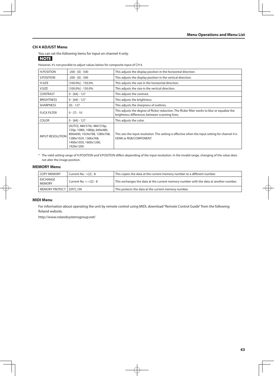 43 menu operations and menu list ch 4 adjust menu, Midi menu | Roland V-4EX Four Channel Digital Video Mixer with Effects User Manual | Page 43 / 64