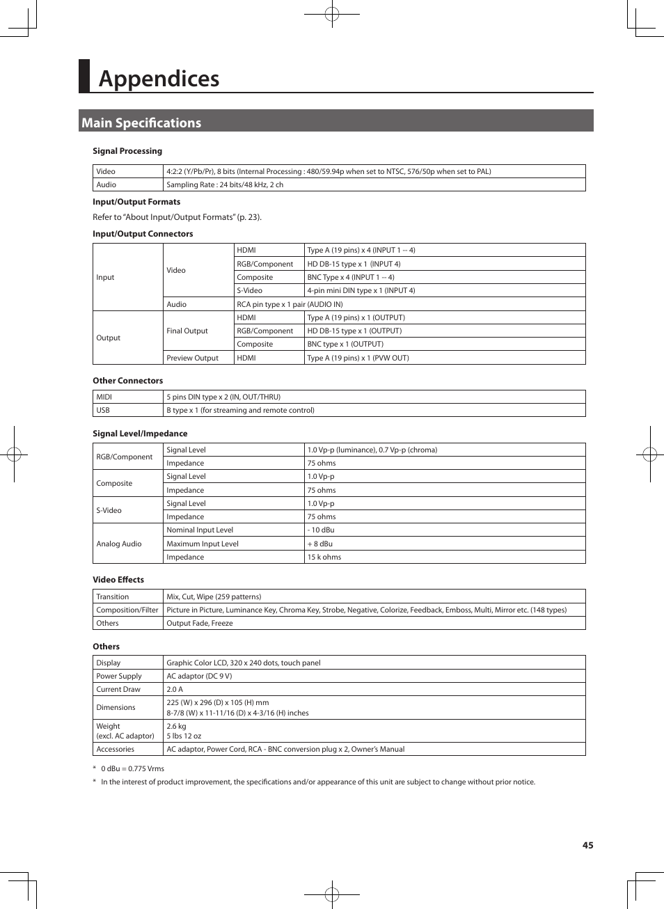 Appendices, Main specifications | Roland V-4EX Four Channel Digital Video Mixer with Effects User Manual | Page 45 / 64