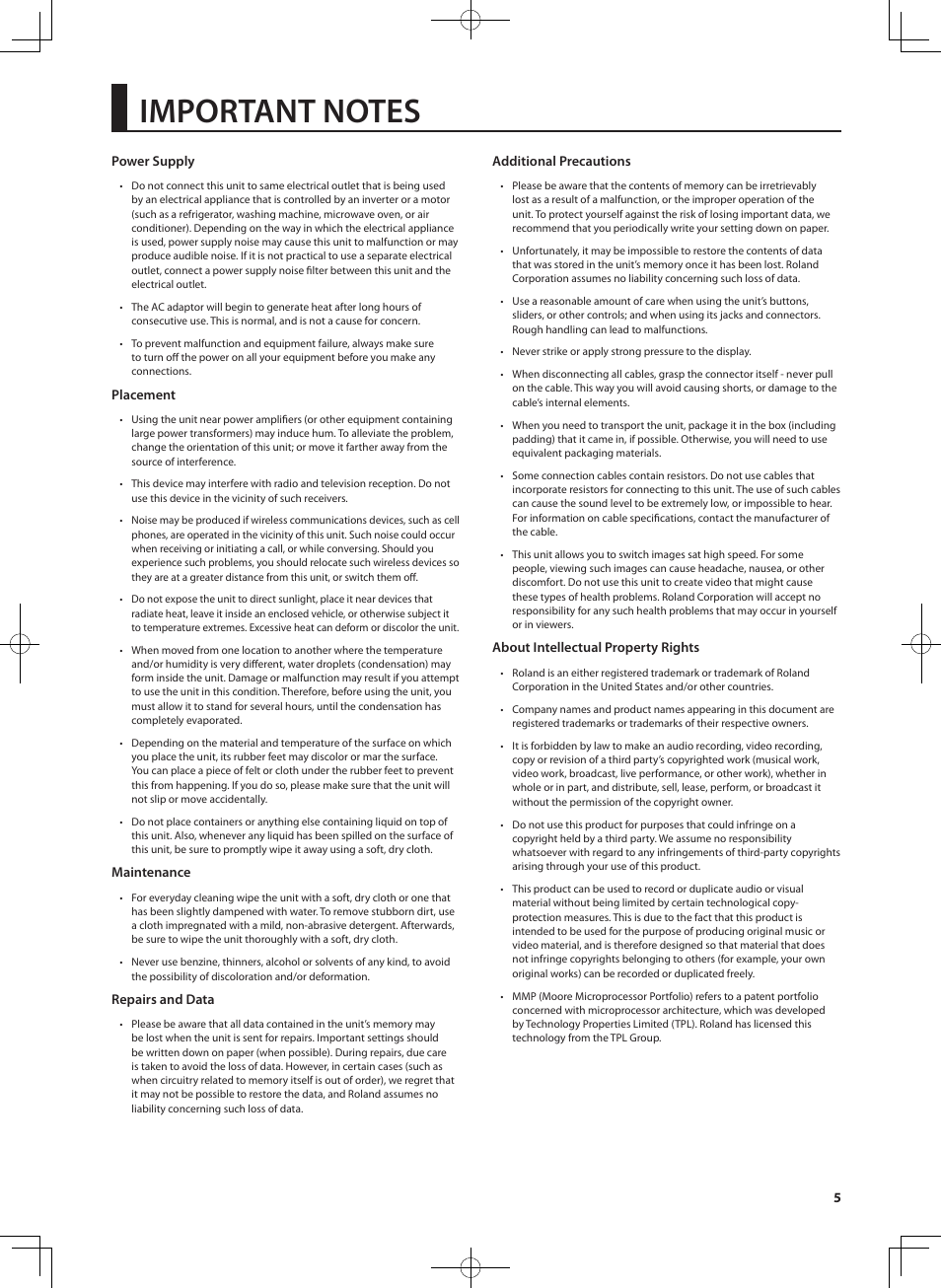 5power supply, Placement, Maintenance | Repairs and data, Additional precautions, About intellectual property rights | Roland V-4EX Four Channel Digital Video Mixer with Effects User Manual | Page 5 / 64