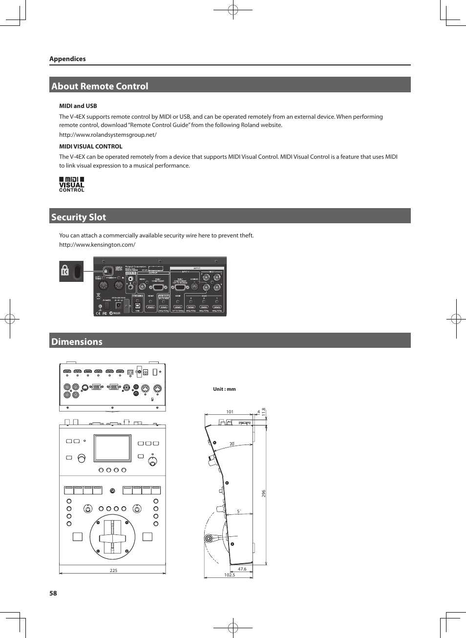 About remote control, Security slot, Dimensions | About remote control security slot dimensions | Roland V-4EX Four Channel Digital Video Mixer with Effects User Manual | Page 58 / 64