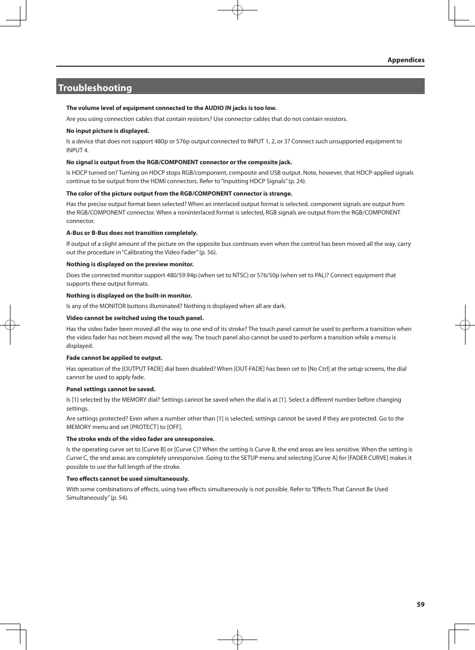 Troubleshooting | Roland V-4EX Four Channel Digital Video Mixer with Effects User Manual | Page 59 / 64