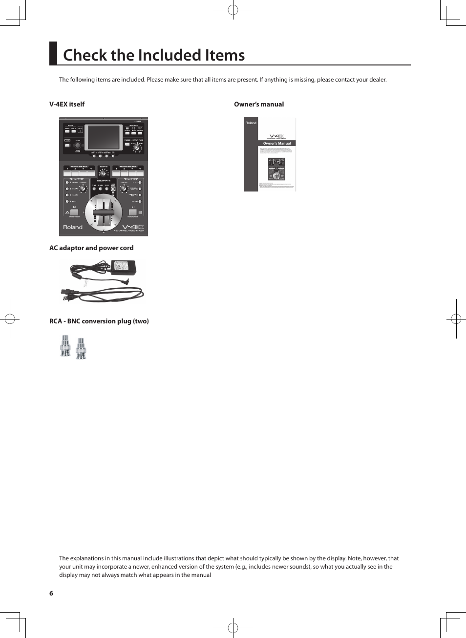 Check the included items | Roland V-4EX Four Channel Digital Video Mixer with Effects User Manual | Page 6 / 64