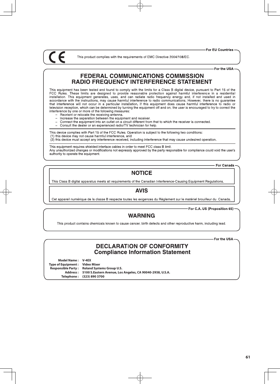 Roland V-4EX Four Channel Digital Video Mixer with Effects User Manual | Page 61 / 64