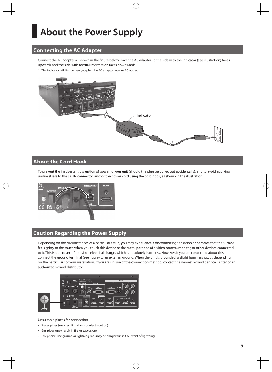 About the power supply, Connecting the ac adapter, About the cord hook | Caution regarding the power supply | Roland V-4EX Four Channel Digital Video Mixer with Effects User Manual | Page 9 / 64