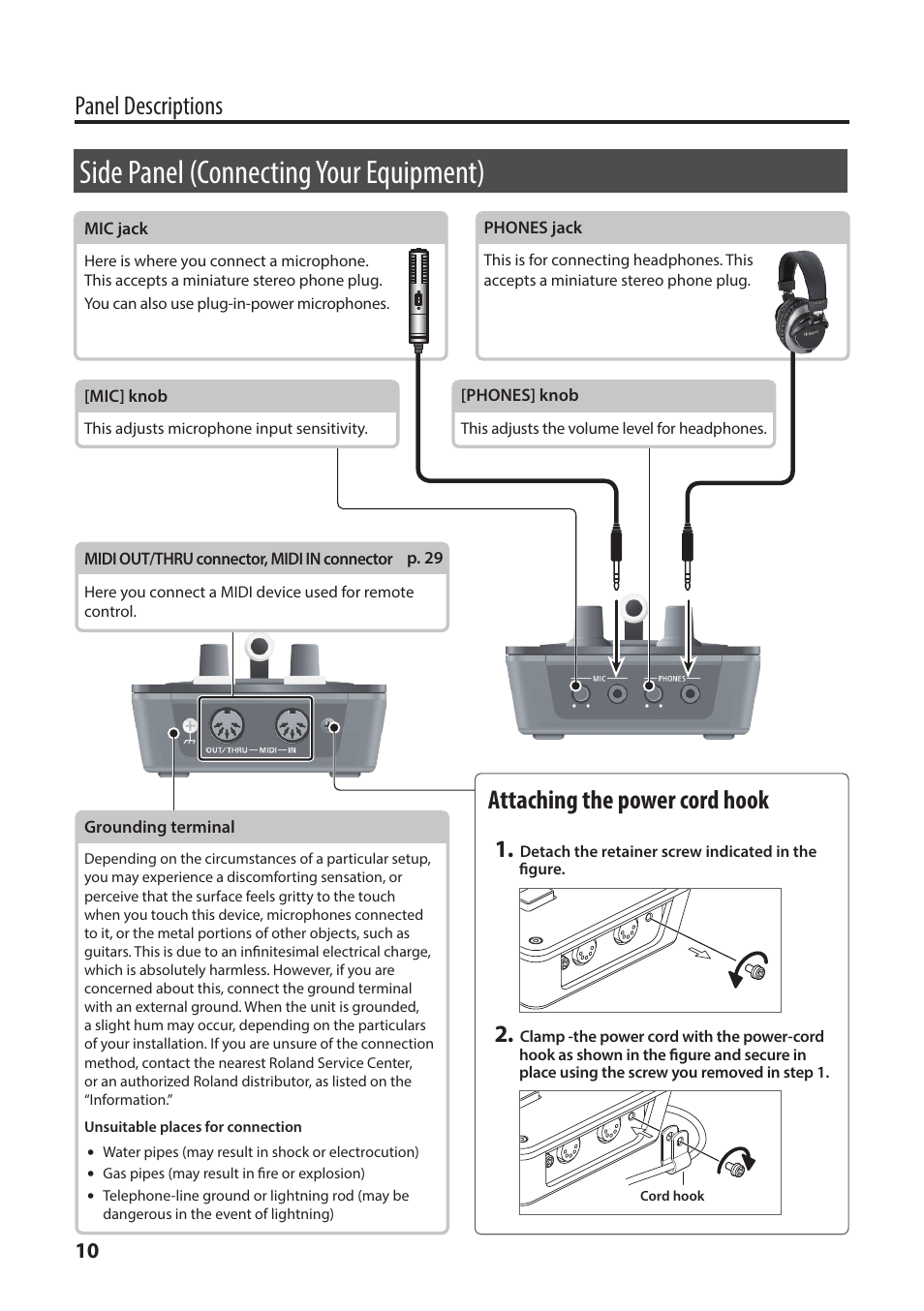 Side panel (connecting your equipment), O “attaching, The power cord hook” (p. 10) | Panel descriptions, Attaching the power cord hook | Roland V-1HD+ Compact 4 x HDMI Video Switcher & UVC-01 USB Capture Device Kit User Manual | Page 10 / 44