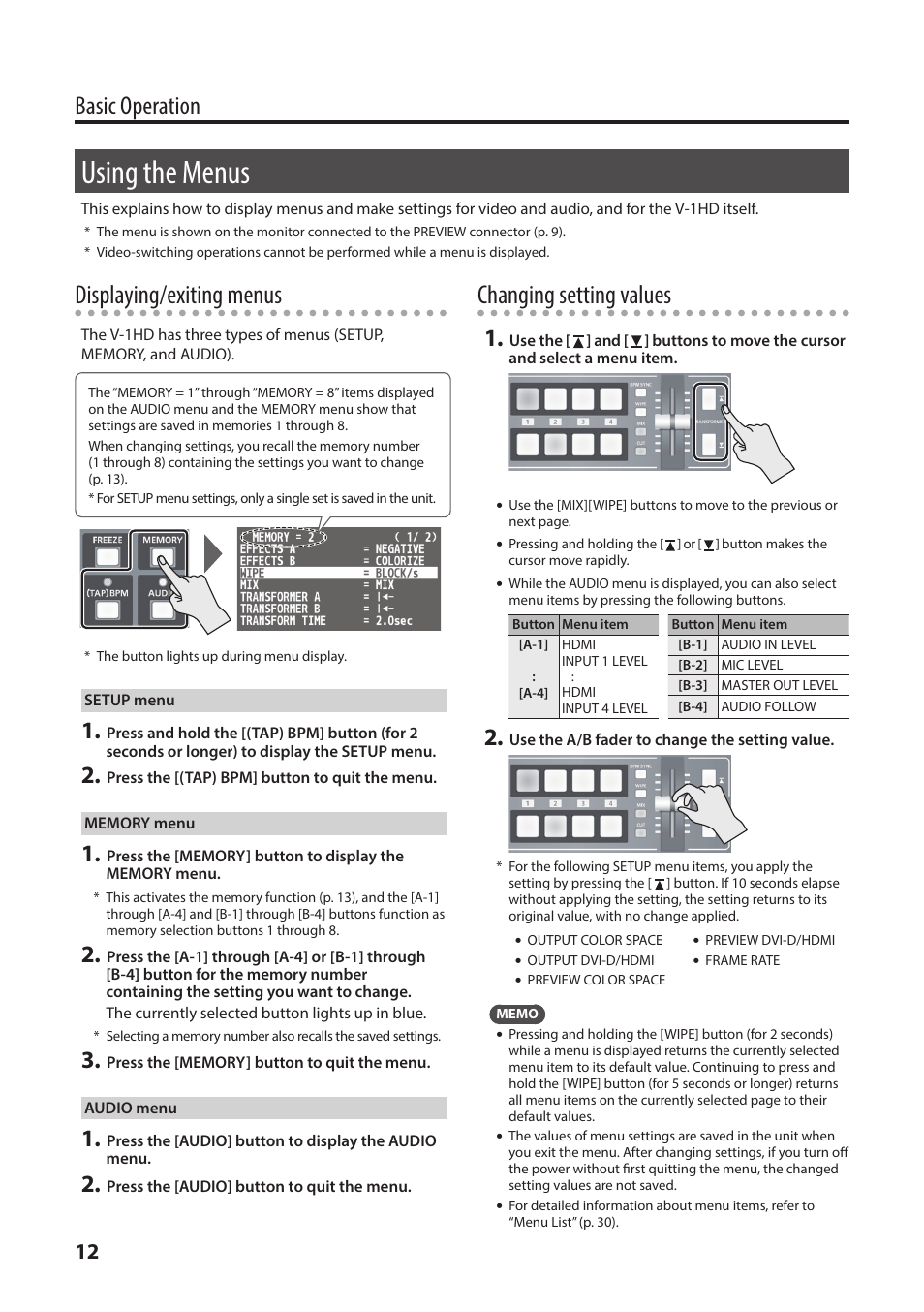 Using the menus, P. 12, Basic operation | Displaying/exiting menus, Changing setting values | Roland V-1HD+ Compact 4 x HDMI Video Switcher & UVC-01 USB Capture Device Kit User Manual | Page 12 / 44