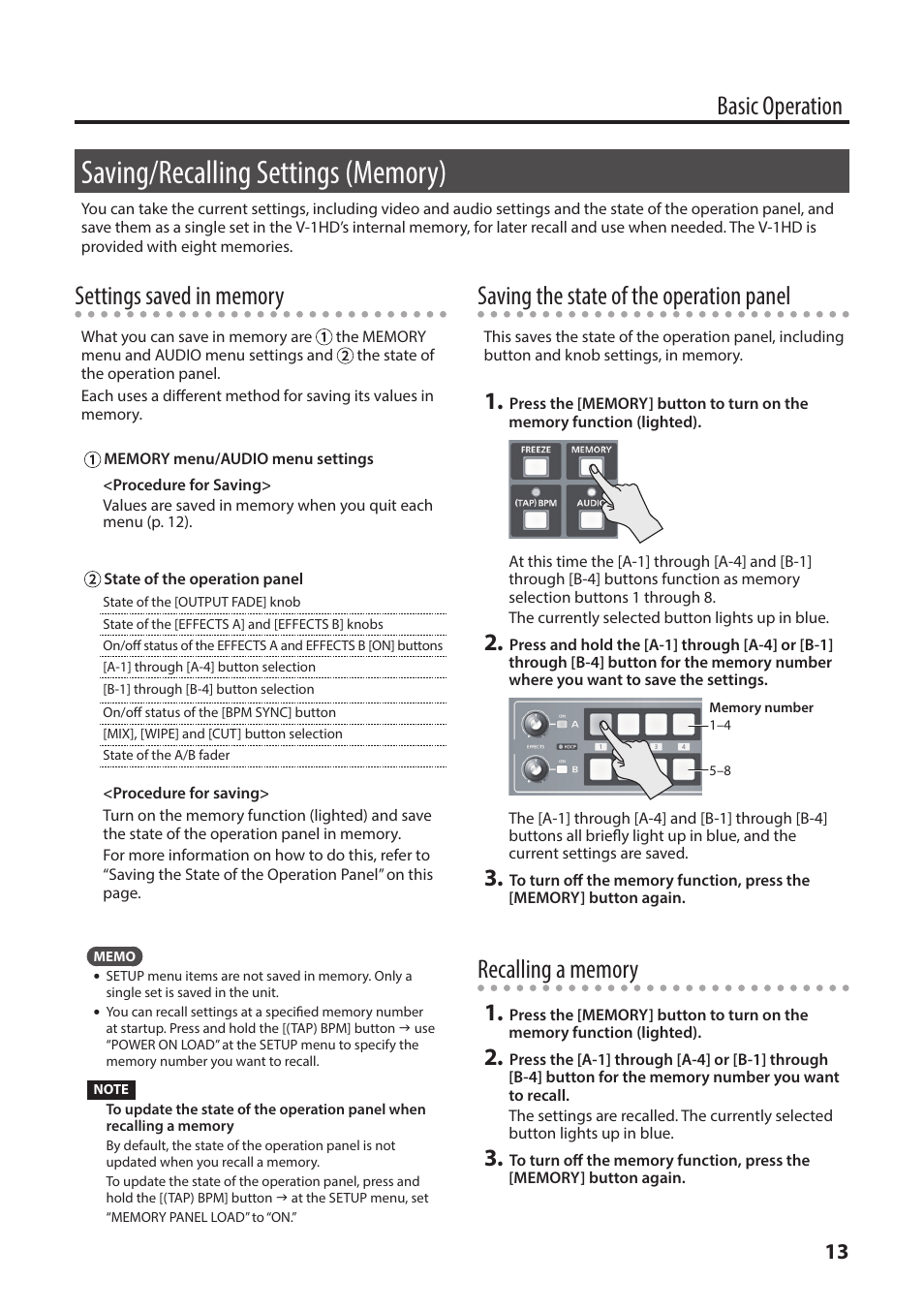 Saving/recalling settings (memory), P. 13), Tion (p. 13 | Basic operation, Saving the state of the operation panel | Roland V-1HD+ Compact 4 x HDMI Video Switcher & UVC-01 USB Capture Device Kit User Manual | Page 13 / 44