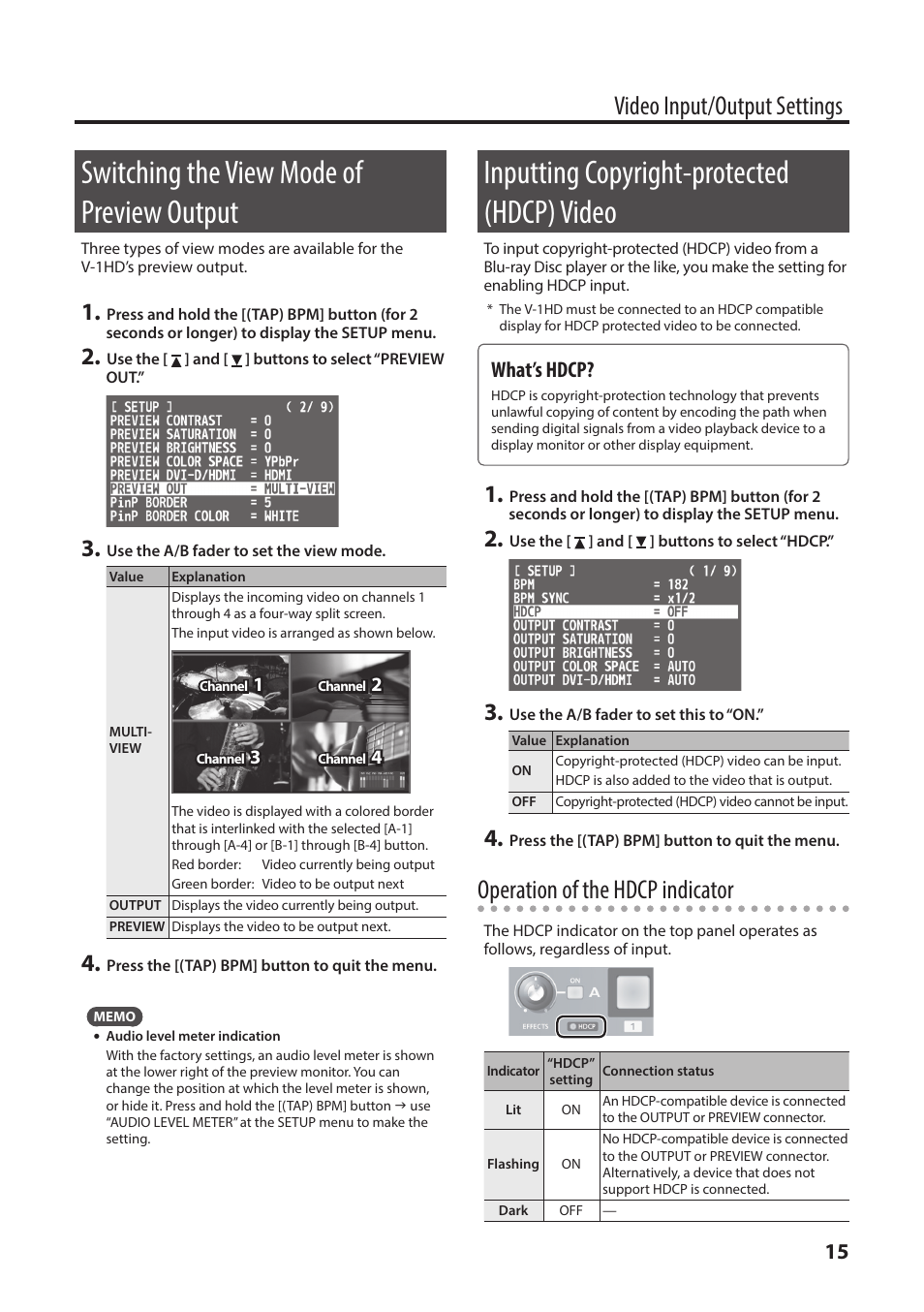 Switching the view mode of preview output, Inputting copyright-protected (hdcp) video, P. 15 | Tup (p. 15), Video input/output settings, Operation of the hdcp indicator, What’s hdcp | Roland V-1HD+ Compact 4 x HDMI Video Switcher & UVC-01 USB Capture Device Kit User Manual | Page 15 / 44