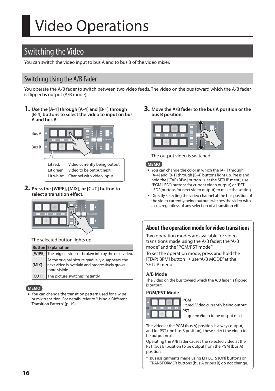 Video operations, Switching the video, Switching using the a/b fader | P. 16, About the operation mode for video transitions | Roland V-1HD+ Compact 4 x HDMI Video Switcher & UVC-01 USB Capture Device Kit User Manual | Page 16 / 44