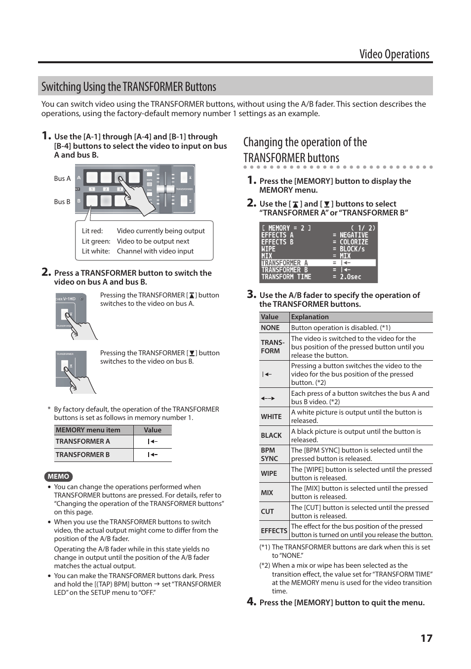 Switching using the transformer buttons, Changing the operation of the transformer buttons | Roland V-1HD+ Compact 4 x HDMI Video Switcher & UVC-01 USB Capture Device Kit User Manual | Page 17 / 44