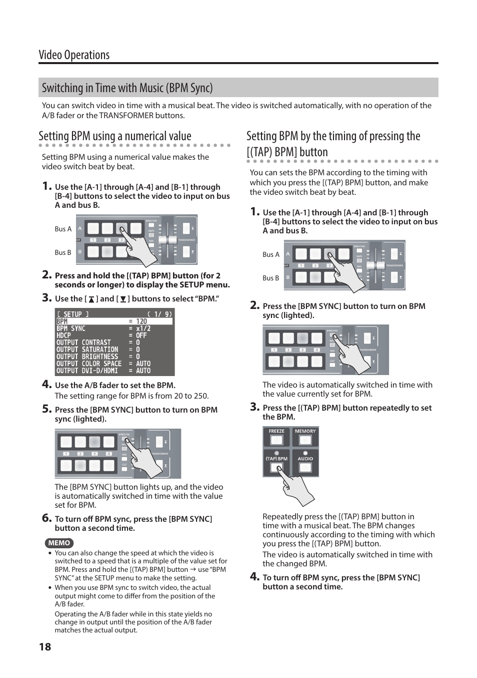 Switching in time with music (bpm sync), P. 18, Setting bpm using a numerical value | Roland V-1HD+ Compact 4 x HDMI Video Switcher & UVC-01 USB Capture Device Kit User Manual | Page 18 / 44