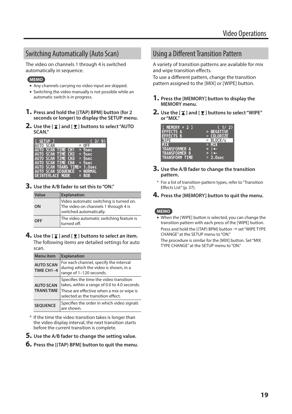 Switching automatically (auto scan), Using a different transition pattern | Roland V-1HD+ Compact 4 x HDMI Video Switcher & UVC-01 USB Capture Device Kit User Manual | Page 19 / 44