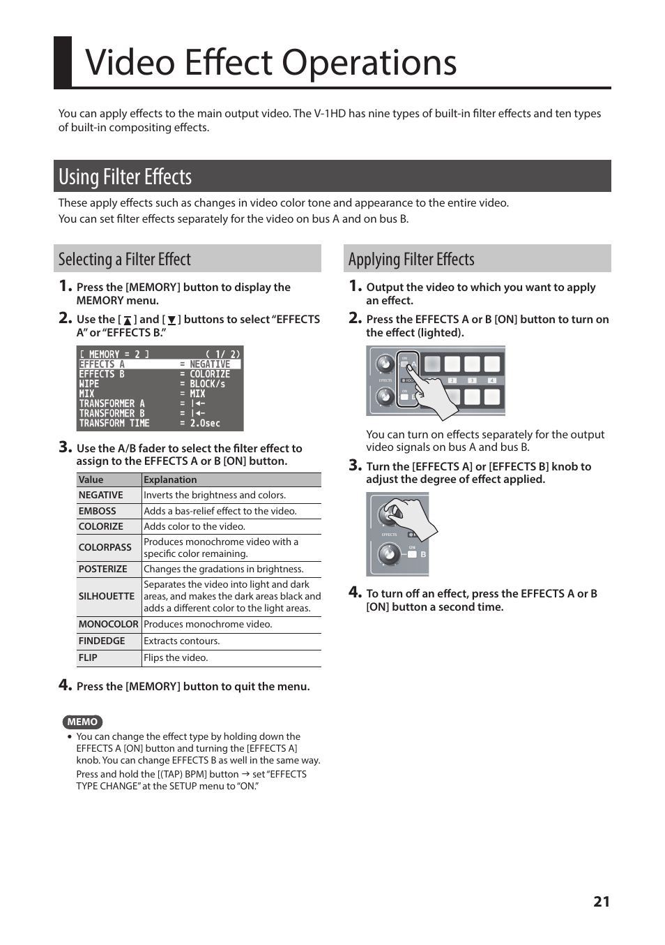 Video effect operations, Using filter effects, Selecting a filter effect | Applying filter effects, P. 21 | Roland V-1HD+ Compact 4 x HDMI Video Switcher & UVC-01 USB Capture Device Kit User Manual | Page 21 / 44