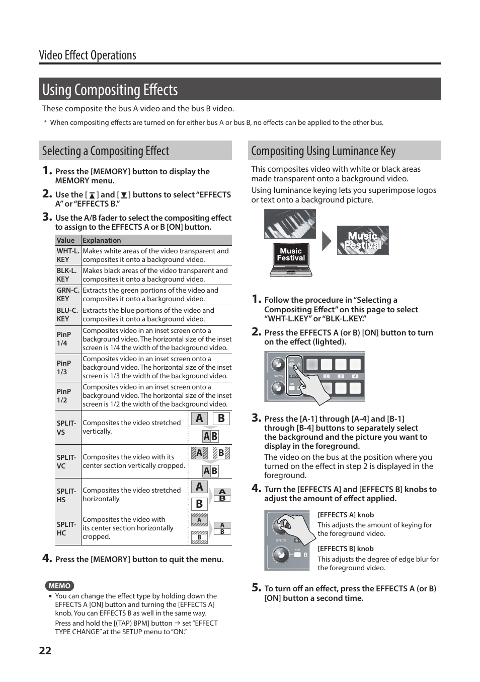 Using compositing effects, Selecting a compositing effect, Compositing using luminance key | Video effect operations | Roland V-1HD+ Compact 4 x HDMI Video Switcher & UVC-01 USB Capture Device Kit User Manual | Page 22 / 44