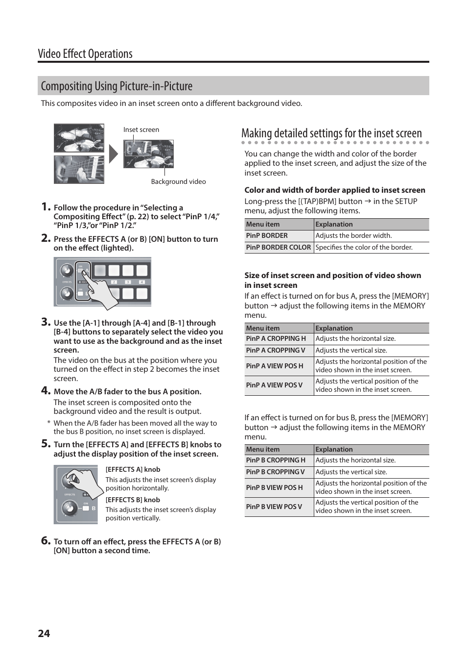 Compositing using picture-in-picture, Making detailed settings for the inset screen | Roland V-1HD+ Compact 4 x HDMI Video Switcher & UVC-01 USB Capture Device Kit User Manual | Page 24 / 44