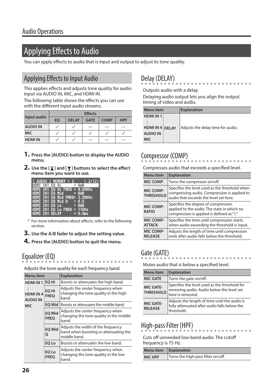 Applying effects to audio, Applying effects to input audio, Audio operations | Equalizer (eq), Delay (delay), Compressor (comp), Gate (gate), High-pass filter (hpf) | Roland V-1HD+ Compact 4 x HDMI Video Switcher & UVC-01 USB Capture Device Kit User Manual | Page 26 / 44