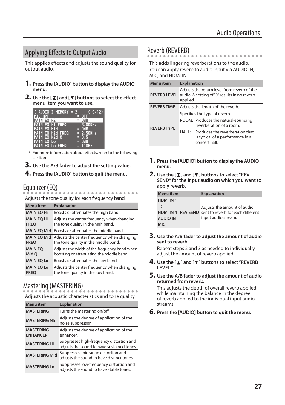 Applying effects to output audio, Audio operations applying effects to output audio, Equalizer (eq) | Mastering (mastering), Reverb (reverb) | Roland V-1HD+ Compact 4 x HDMI Video Switcher & UVC-01 USB Capture Device Kit User Manual | Page 27 / 44