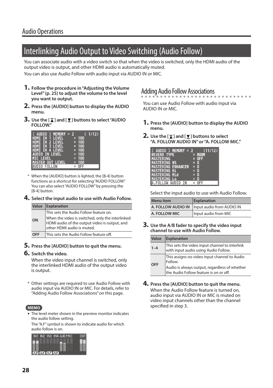 Interlinking audio output to video switching, Audio follow), Audio operations | Adding audio follow associations | Roland V-1HD+ Compact 4 x HDMI Video Switcher & UVC-01 USB Capture Device Kit User Manual | Page 28 / 44