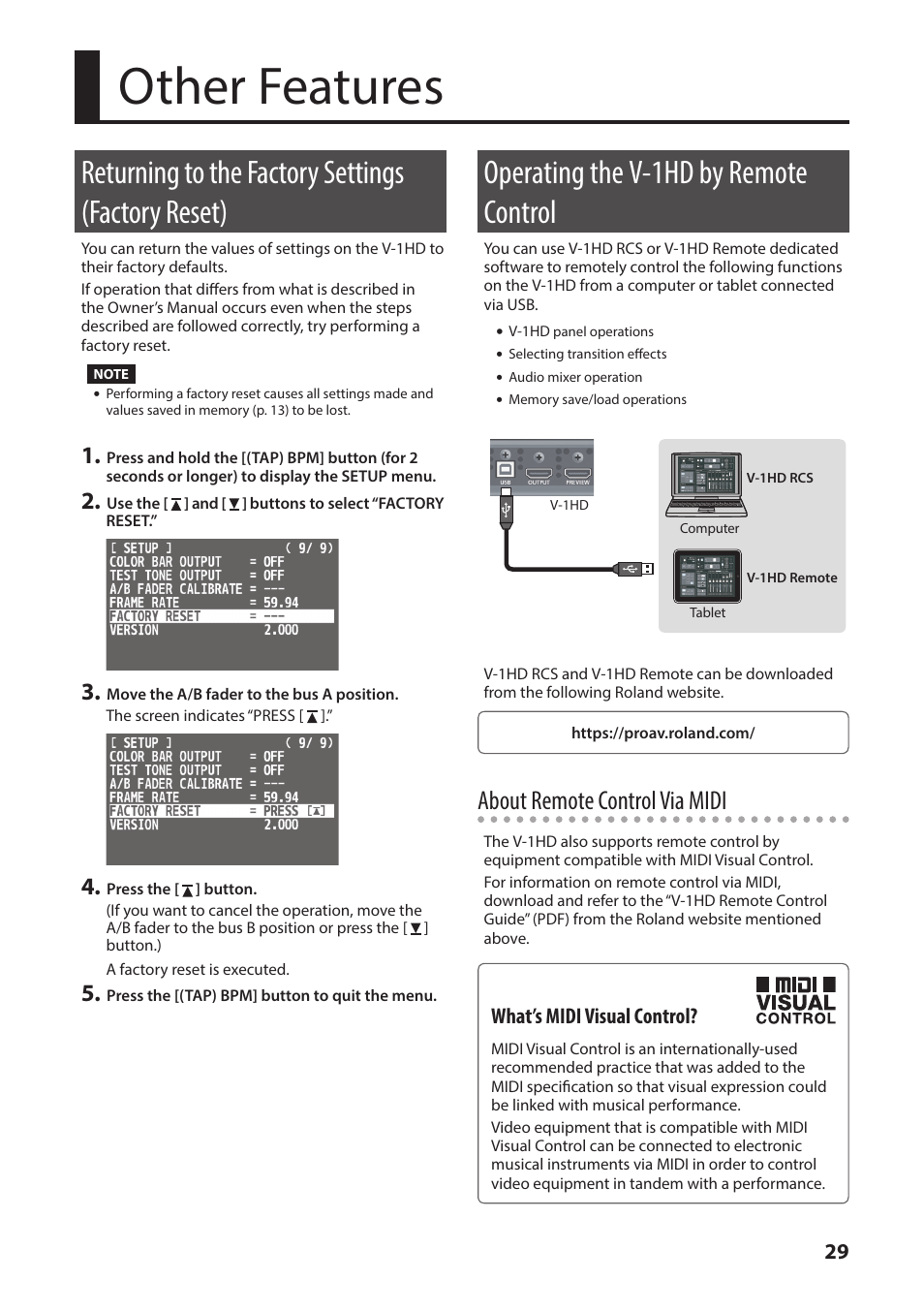 Other features, Returning to the factory settings (factory reset), Operating the v-1hd by remote control | Returning to the factory settings, Factory reset), P. 29, Tup (p. 29, About remote control via midi, What’s midi visual control | Roland V-1HD+ Compact 4 x HDMI Video Switcher & UVC-01 USB Capture Device Kit User Manual | Page 29 / 44