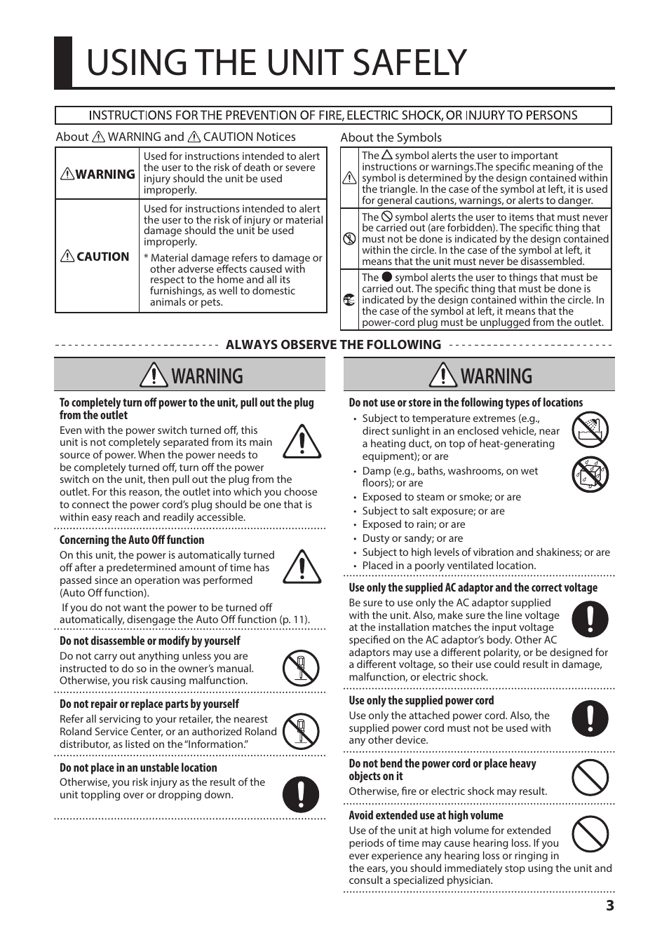 Using the unit safely, Ead “using the unit, Safely” (p. 3) and | Warning | Roland V-1HD+ Compact 4 x HDMI Video Switcher & UVC-01 USB Capture Device Kit User Manual | Page 3 / 44