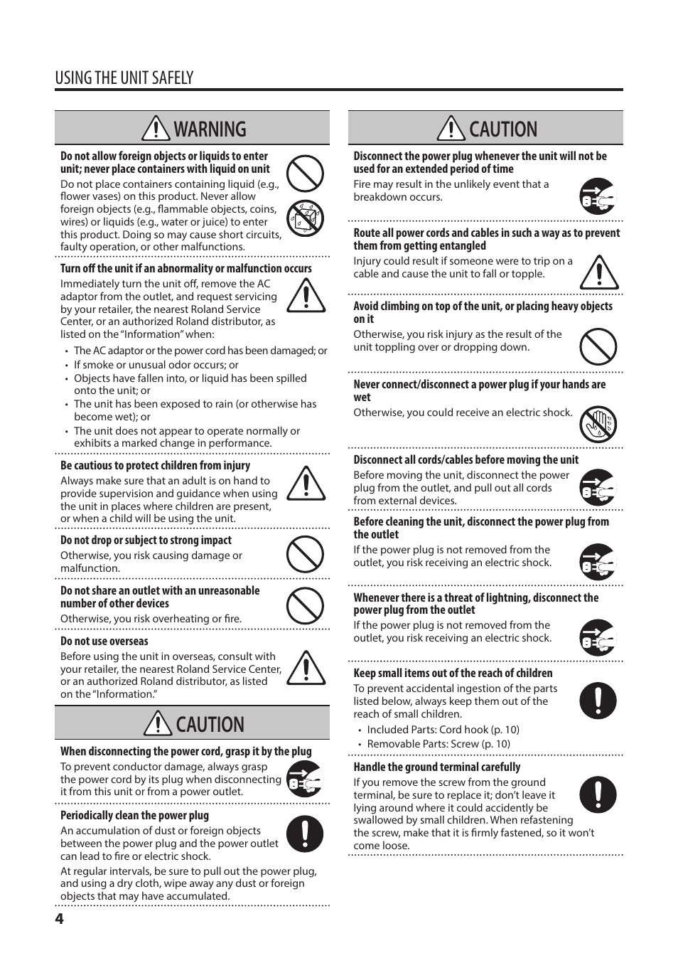 Warning, Caution, Using the unit safely | Roland V-1HD+ Compact 4 x HDMI Video Switcher & UVC-01 USB Capture Device Kit User Manual | Page 4 / 44