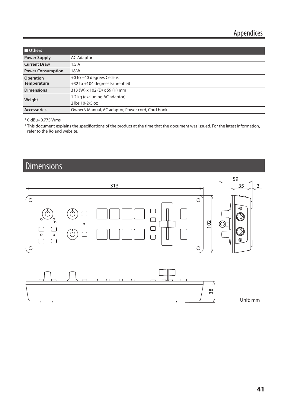 Dimensions, Appendices | Roland V-1HD+ Compact 4 x HDMI Video Switcher & UVC-01 USB Capture Device Kit User Manual | Page 41 / 44