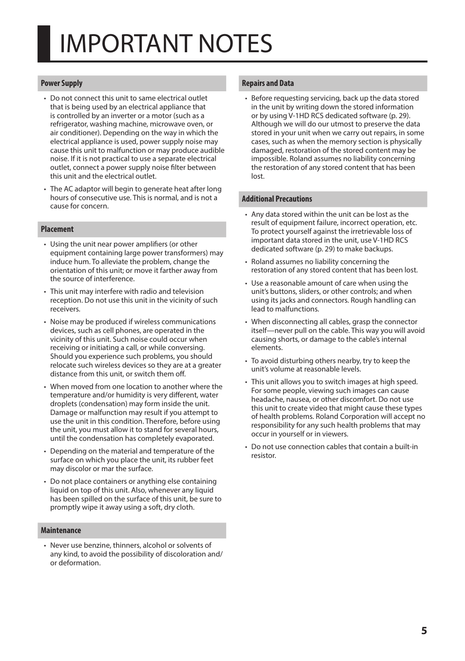 Important notes, Important notes” (p. 5) | Roland V-1HD+ Compact 4 x HDMI Video Switcher & UVC-01 USB Capture Device Kit User Manual | Page 5 / 44