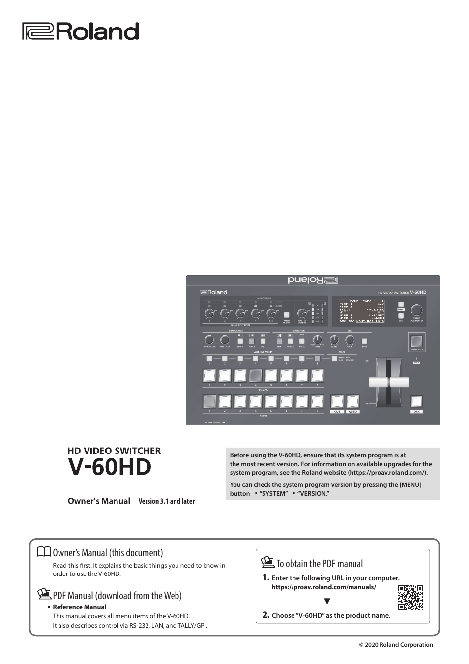 Roland V-60HD Multi-Format HD Video Switcher and UVC-01 USB Video Capture Kit User Manual | 48 pages