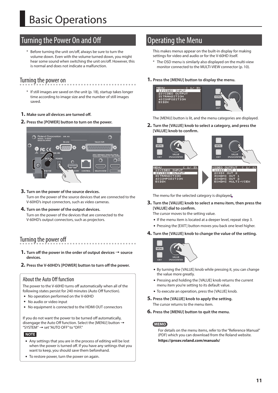 Basic operations, Turning the power on and off, Operating the menu | P. 11, Er on and off (p. 11), Turning the power on, Turning the power off, About the auto off function | Roland V-60HD Multi-Format HD Video Switcher and UVC-01 USB Video Capture Kit User Manual | Page 11 / 48