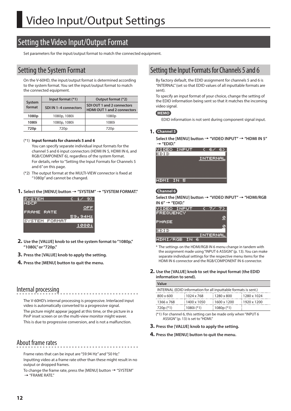 Video input/output settings, Setting the video input/output format, Setting the system format | Setting the input formats for channels 5 and 6, Internal processing, About frame rates | Roland V-60HD Multi-Format HD Video Switcher and UVC-01 USB Video Capture Kit User Manual | Page 12 / 48