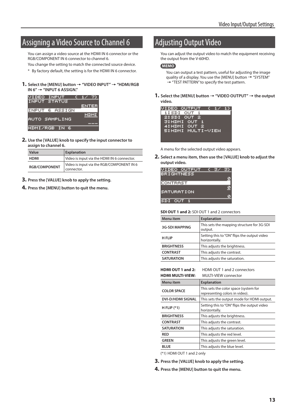 Assigning a video source to channel 6, Adjusting output video, Y (p. 13 | P. 13), P. 13, Video input/output settings | Roland V-60HD Multi-Format HD Video Switcher and UVC-01 USB Video Capture Kit User Manual | Page 13 / 48