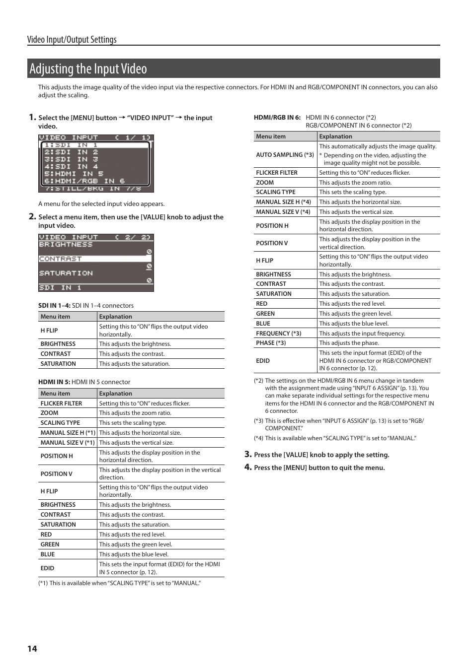 Adjusting the input video, Video input/output settings | Roland V-60HD Multi-Format HD Video Switcher and UVC-01 USB Video Capture Kit User Manual | Page 14 / 48