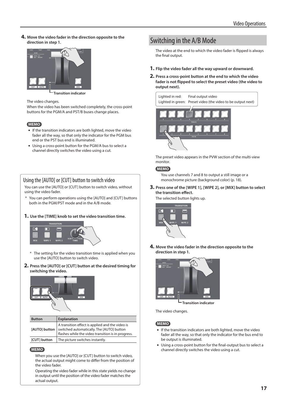 Switching in the a/b mode, P. 17, Video operations | Using the [auto] or [cut] button to switch video | Roland V-60HD Multi-Format HD Video Switcher and UVC-01 USB Video Capture Kit User Manual | Page 17 / 48