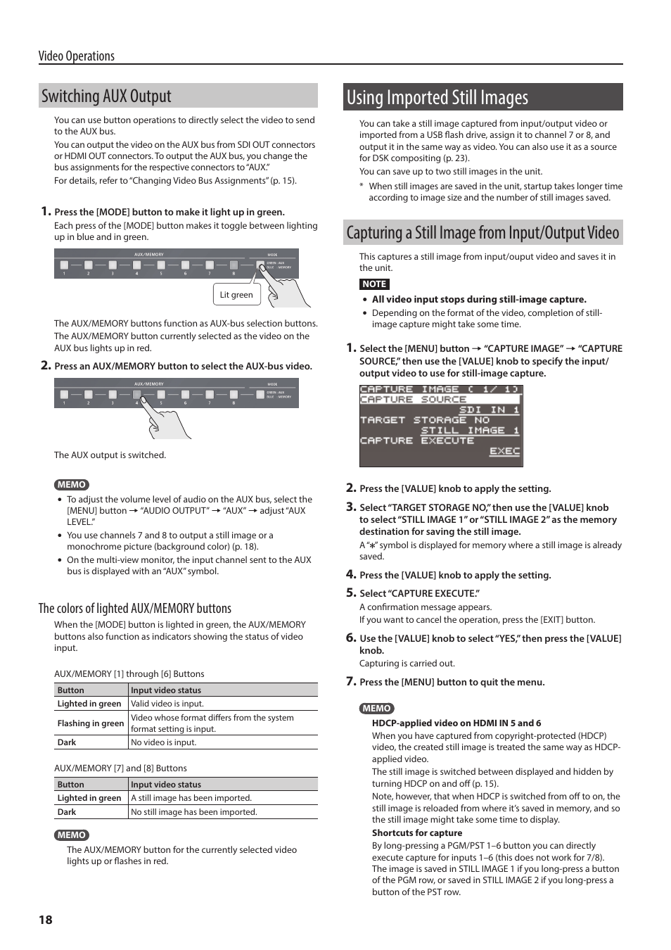 Switching aux output, Using imported still images, Capturing a still image from input/output video | P. 18, O “switching aux output” (p. 18), Olor) (p. 18), Video operations | Roland V-60HD Multi-Format HD Video Switcher and UVC-01 USB Video Capture Kit User Manual | Page 18 / 48