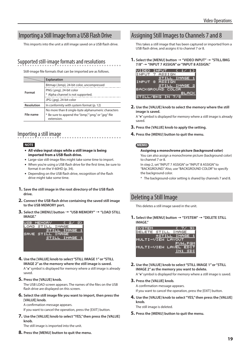 Importing a still image from a usb flash drive, Assigning still images to channels 7 and 8, Deleting a still image | Supported still-image formats and resolutions, Importing a still image, Video operations | Roland V-60HD Multi-Format HD Video Switcher and UVC-01 USB Video Capture Kit User Manual | Page 19 / 48