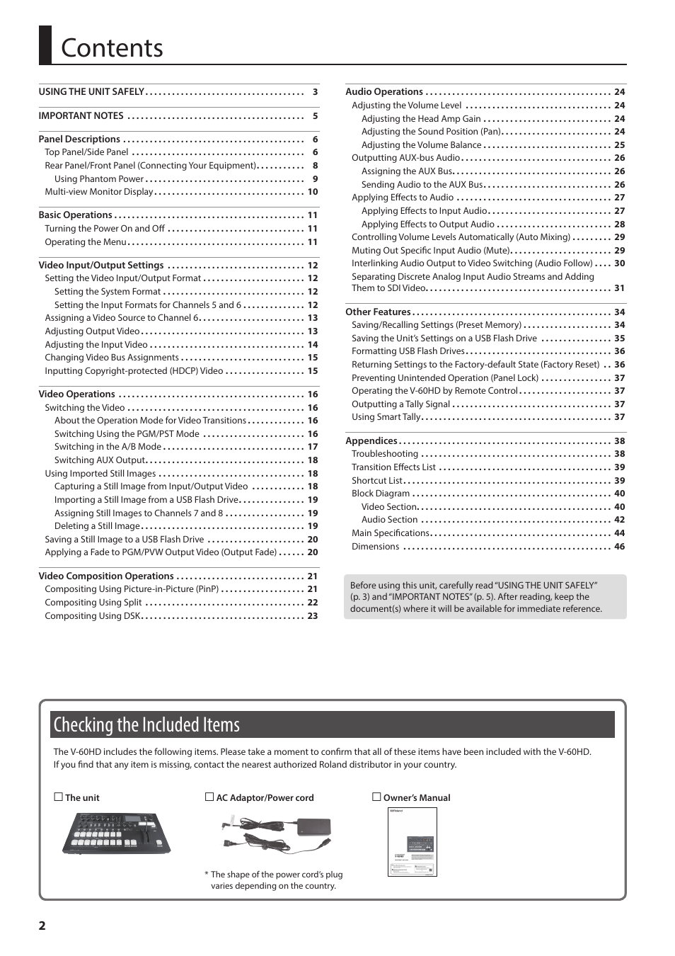 Roland V-60HD Multi-Format HD Video Switcher and UVC-01 USB Video Capture Kit User Manual | Page 2 / 48