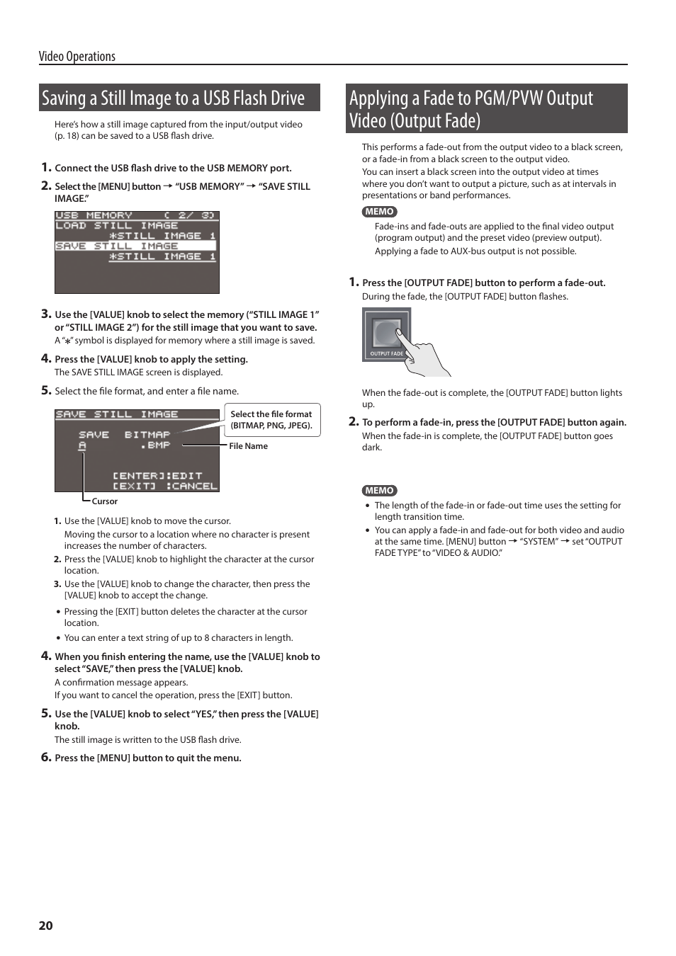 Saving a still image to a usb flash drive, P. 20, Video operations | Roland V-60HD Multi-Format HD Video Switcher and UVC-01 USB Video Capture Kit User Manual | Page 20 / 48