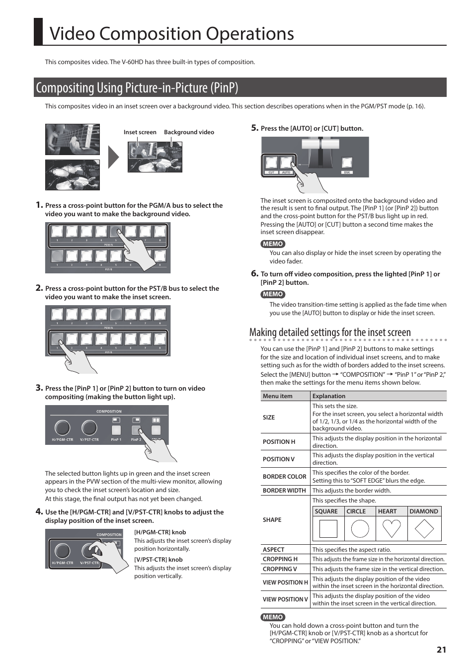 Video composition operations, Compositing using picture-in-picture (pinp), P. 21 | Making detailed settings for the inset screen | Roland V-60HD Multi-Format HD Video Switcher and UVC-01 USB Video Capture Kit User Manual | Page 21 / 48