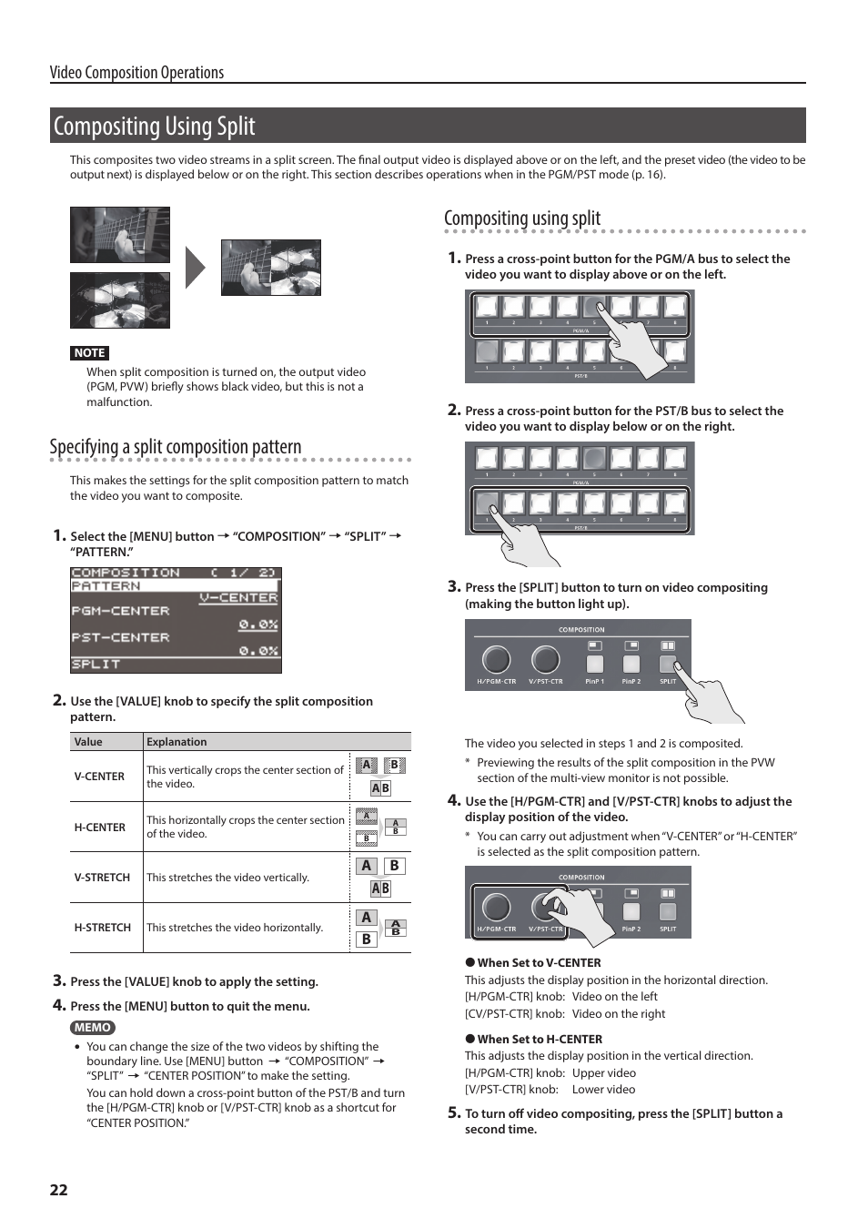 Compositing using split, P. 22, Specifying a split composition pattern | Video composition operations | Roland V-60HD Multi-Format HD Video Switcher and UVC-01 USB Video Capture Kit User Manual | Page 22 / 48