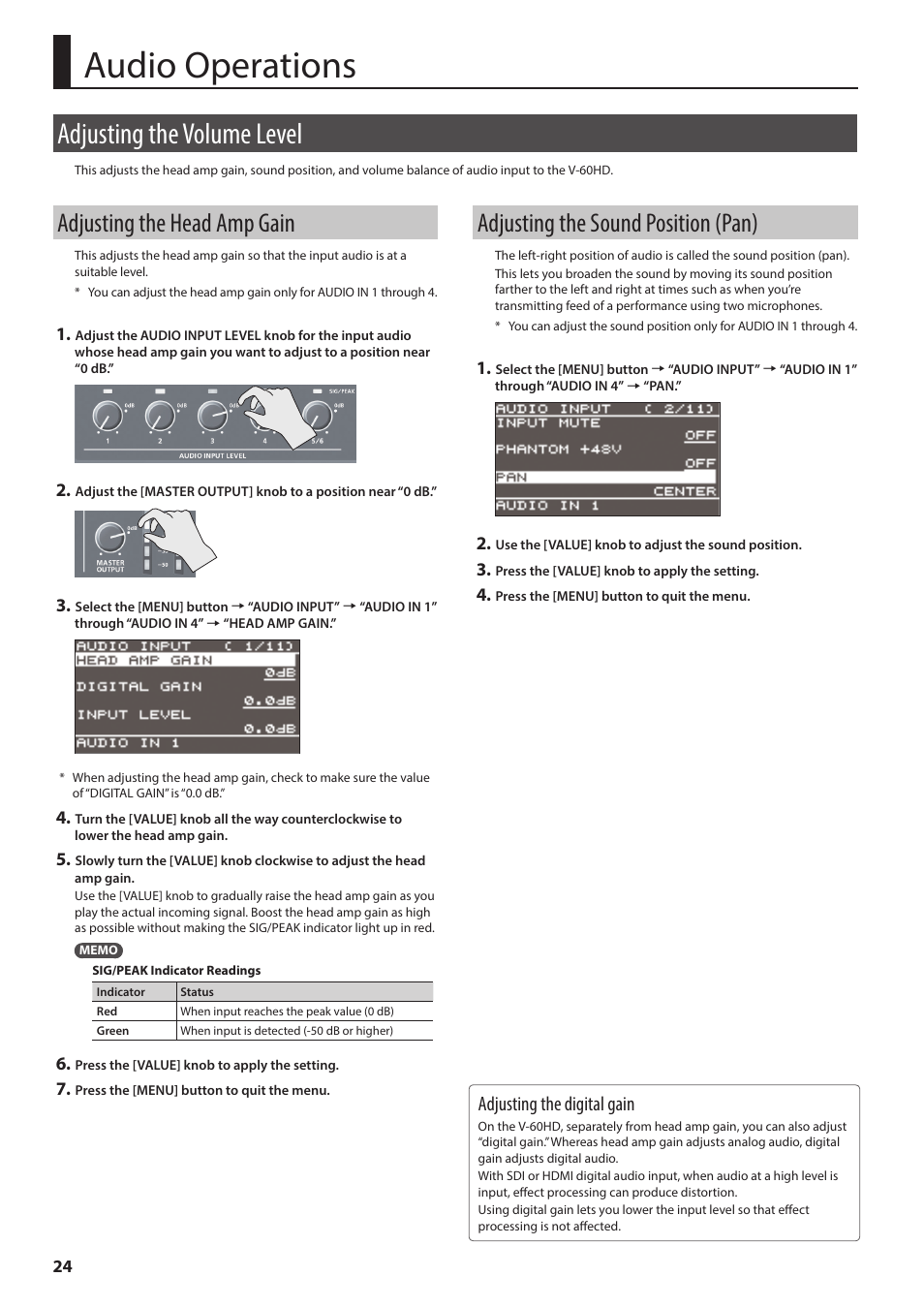 Audio operations, Adjusting the volume level, Adjusting the head amp gain | Adjusting the sound position (pan), P. 24, Adjusting the digital gain | Roland V-60HD Multi-Format HD Video Switcher and UVC-01 USB Video Capture Kit User Manual | Page 24 / 48