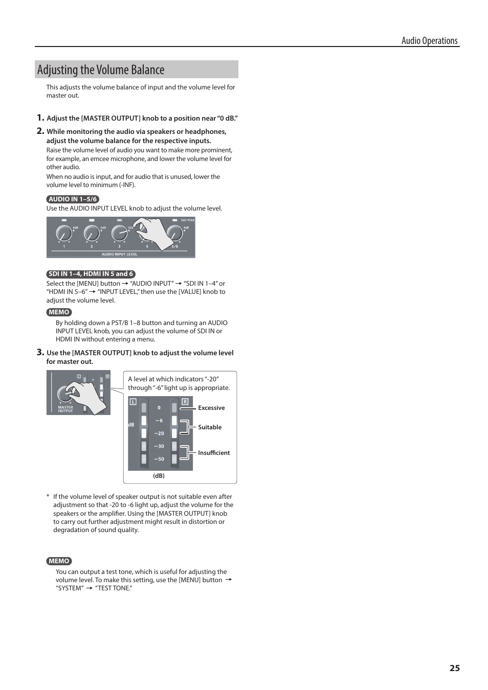 Adjusting the volume balance, P. 25, Audio operations | Roland V-60HD Multi-Format HD Video Switcher and UVC-01 USB Video Capture Kit User Manual | Page 25 / 48