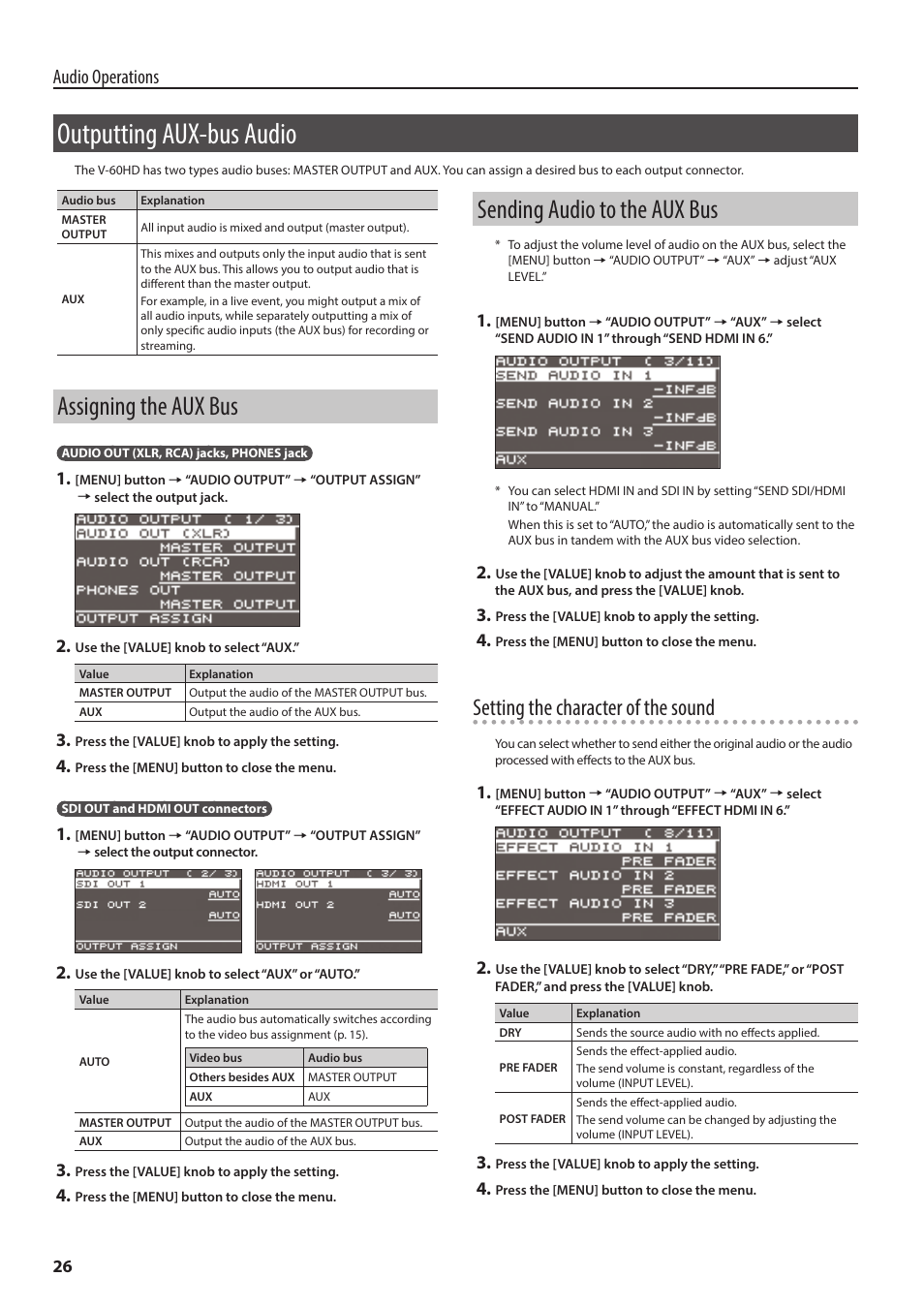 Outputting aux-bus audio, Assigning the aux bus, Sending audio to the aux bus | Setting the character of the sound, Audio operations | Roland V-60HD Multi-Format HD Video Switcher and UVC-01 USB Video Capture Kit User Manual | Page 26 / 48