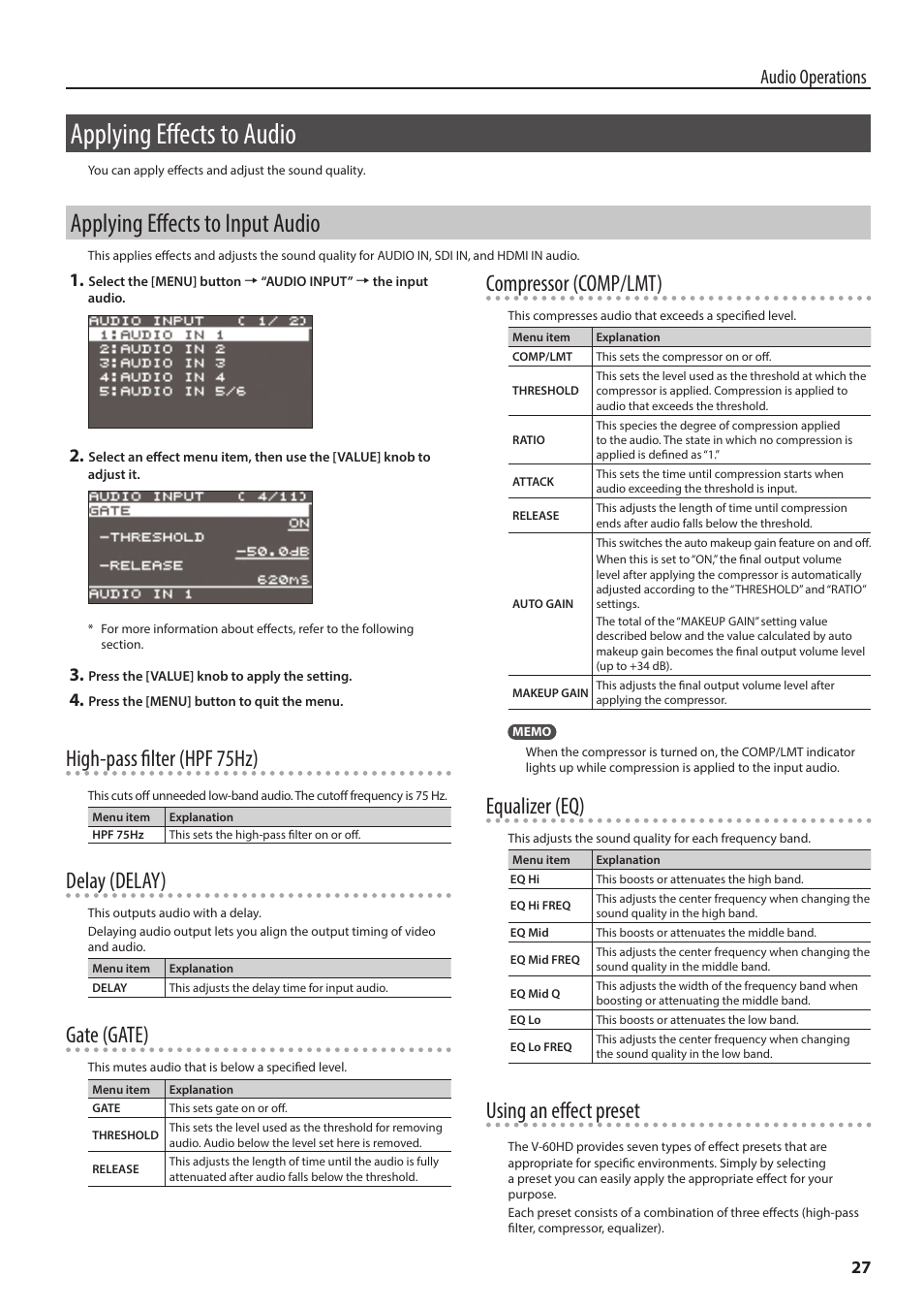 Applying effects to audio, Applying effects to input audio, P. 27 | High-pass filter (hpf 75hz), Delay (delay), Gate (gate), Compressor (comp/lmt), Equalizer (eq), Using an effect preset, Audio operations | Roland V-60HD Multi-Format HD Video Switcher and UVC-01 USB Video Capture Kit User Manual | Page 27 / 48