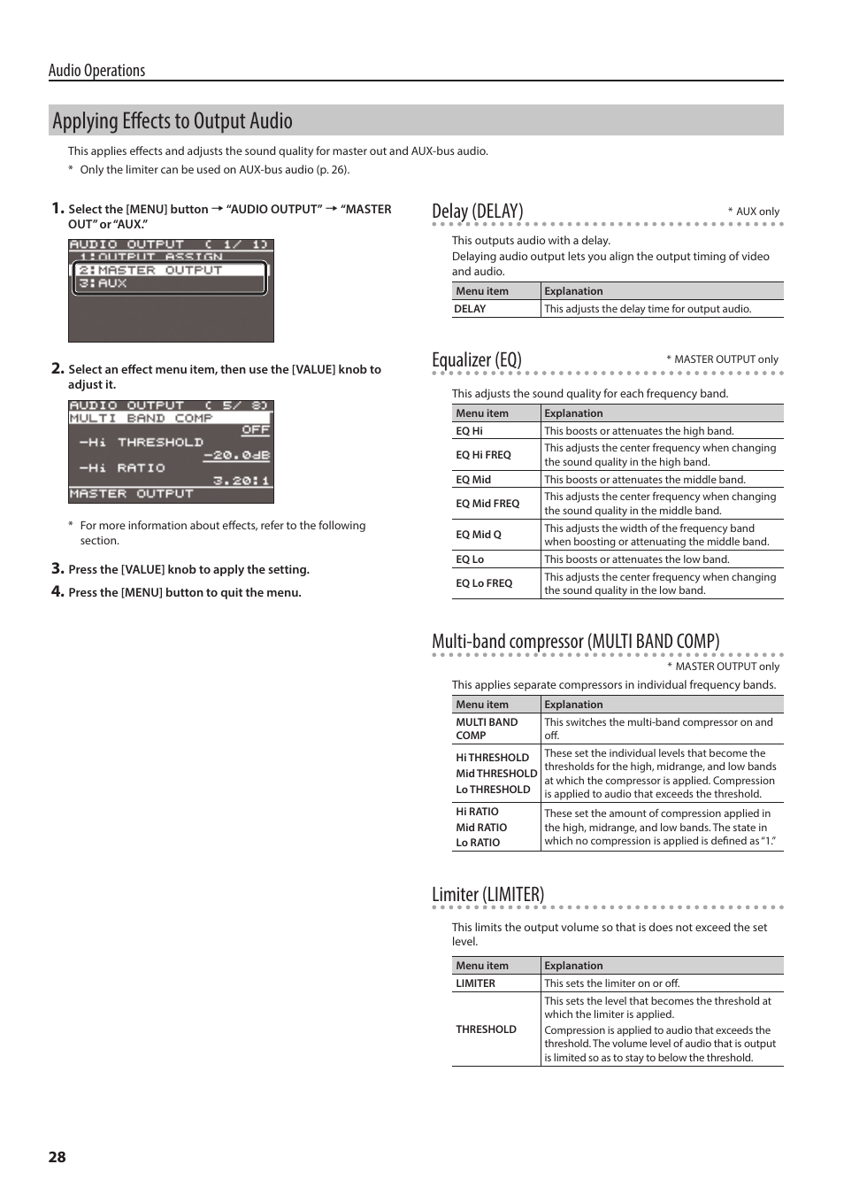 Applying effects to output audio, Delay (delay), Equalizer (eq) | Multi-band compressor (multi band comp), Limiter (limiter), Audio operations | Roland V-60HD Multi-Format HD Video Switcher and UVC-01 USB Video Capture Kit User Manual | Page 28 / 48