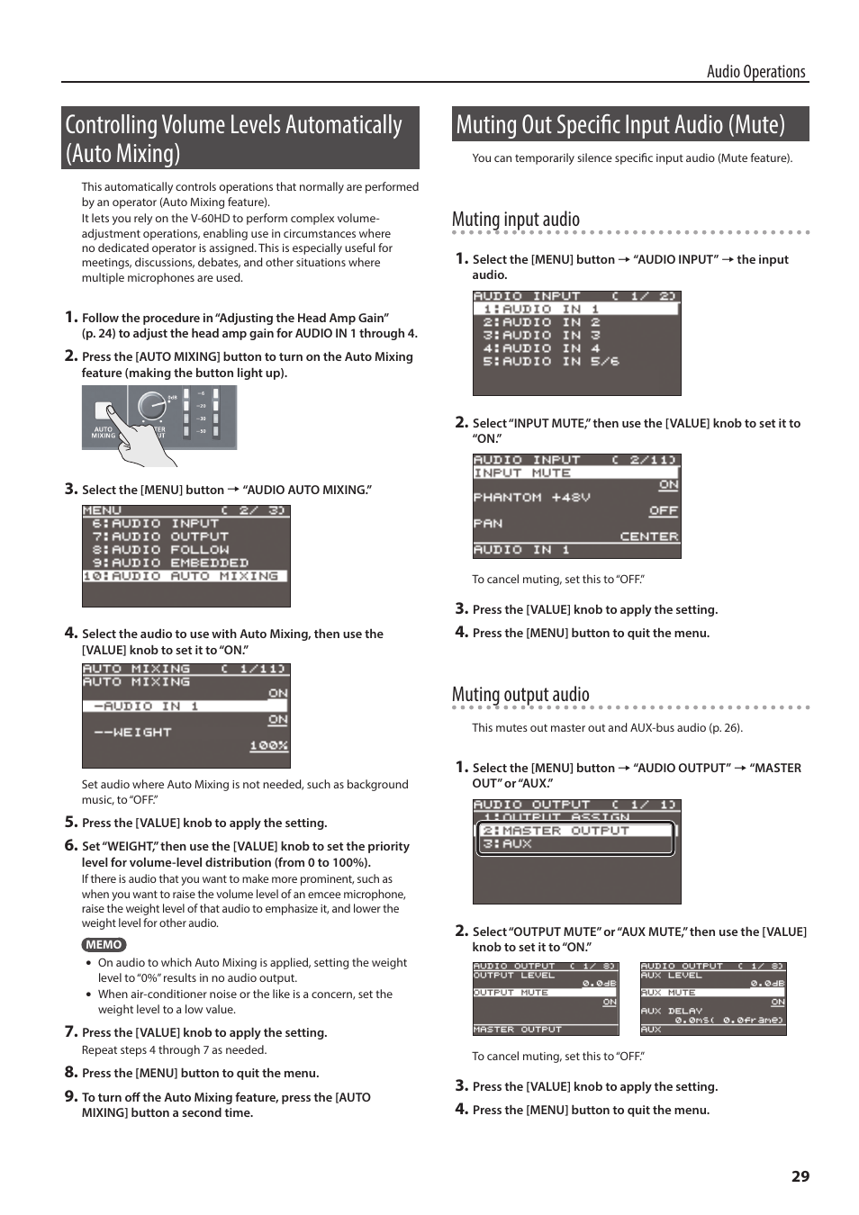 Muting out specific input audio (mute), P. 29, Muting input audio | Muting output audio, Audio operations | Roland V-60HD Multi-Format HD Video Switcher and UVC-01 USB Video Capture Kit User Manual | Page 29 / 48